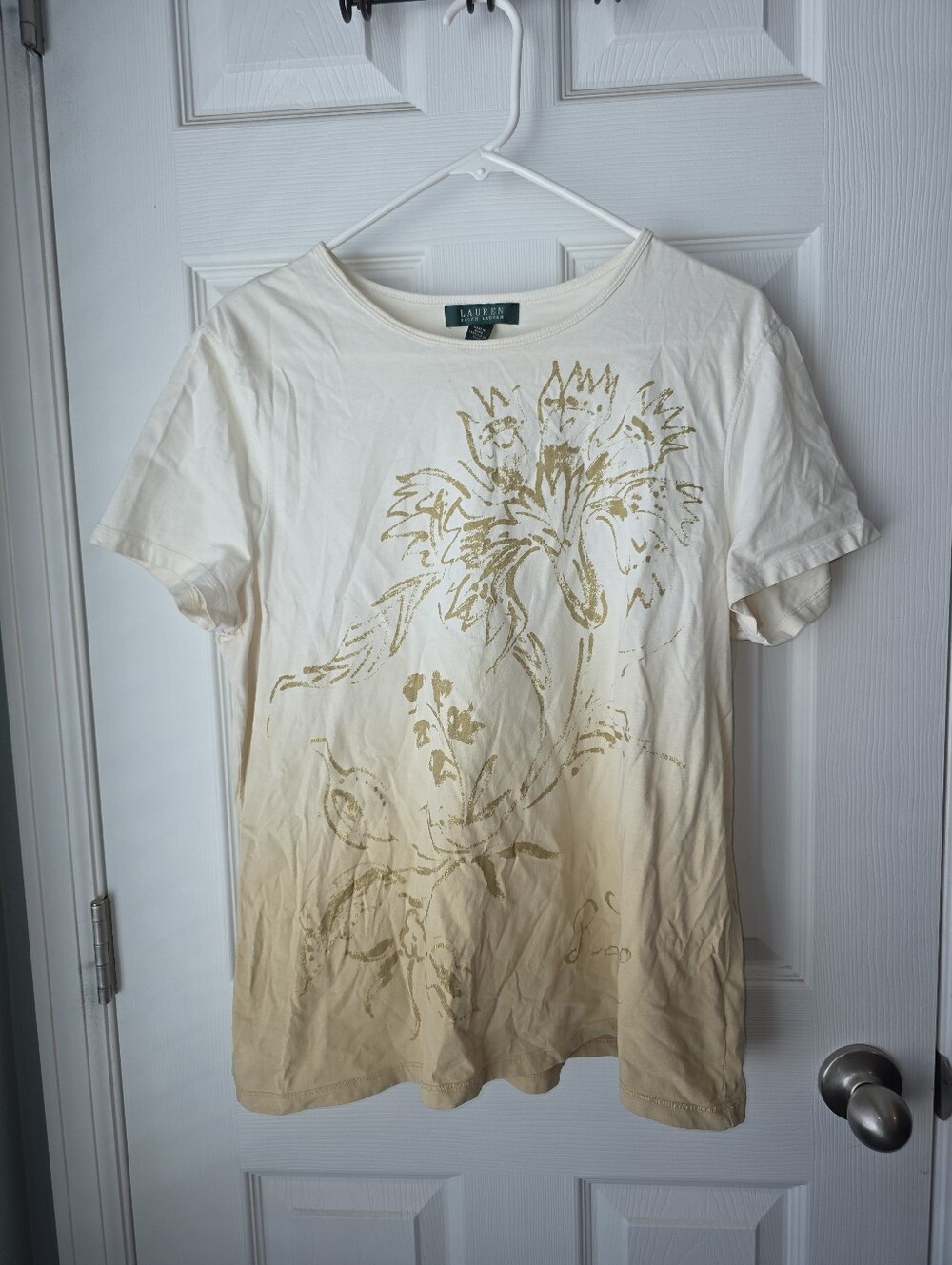 Ralph Lauren Womans Short Sleeve Crew Neck T-shirt SZXL Brown/Tan Floral Design